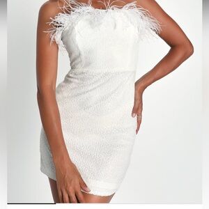 Glittering Perfection White Sequin Feather Strapless Mini Dress